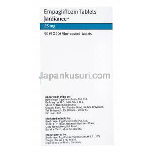 ジャディアンス,　エンパグリフロジン　25mg　90錠　箱側面,製造元：Boehringer Ingelheim